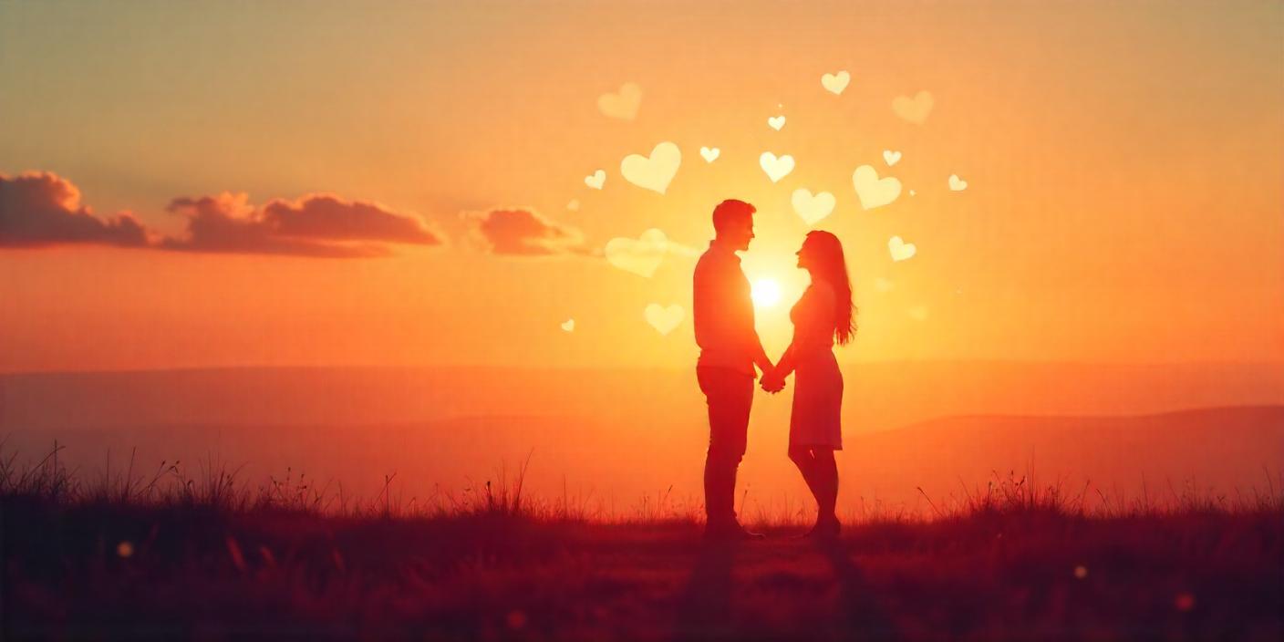 A beautiful, romantic scene featuring a couple standing hand-in-hand on a hilltop at sunset