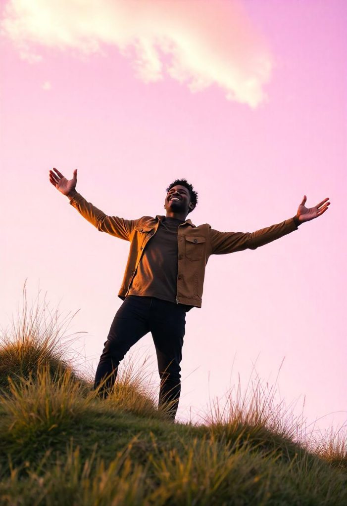 A bright morning scene with a cheerful individual standing on a hilltop