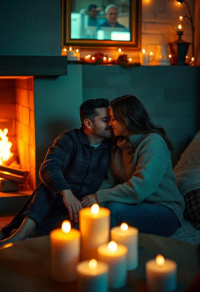 A cozy setting with a couple sitting by a fireplace, their faces glowing with love.