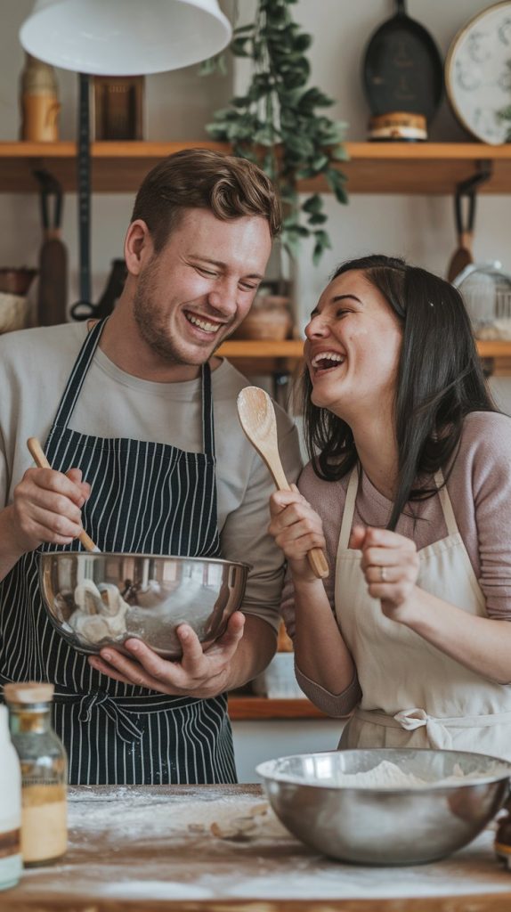 A fun image of a couple laughing while baking together,
