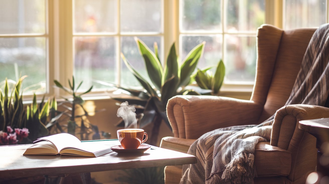 A serene Saturday morning scene a cozy living room bathed in soft sunlight streaming