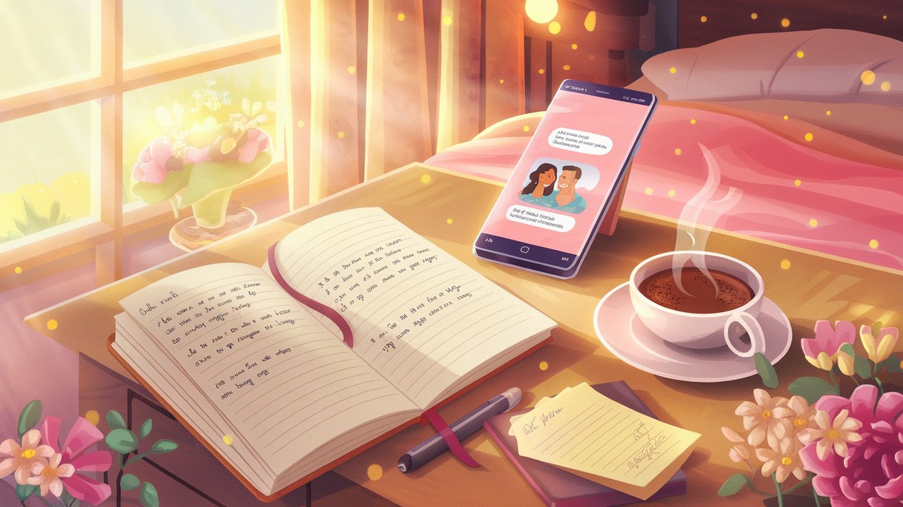 A soft, romantic illustration of a morning scene featuring a cozy bedroom bathed in golden sunlight