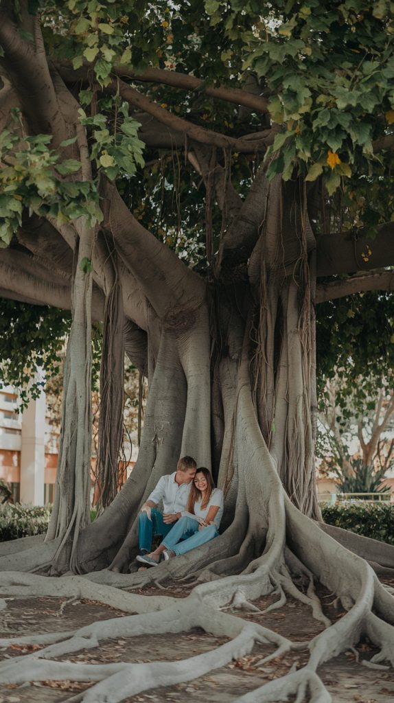 A vibrant image of a large tree with intertwined roots,