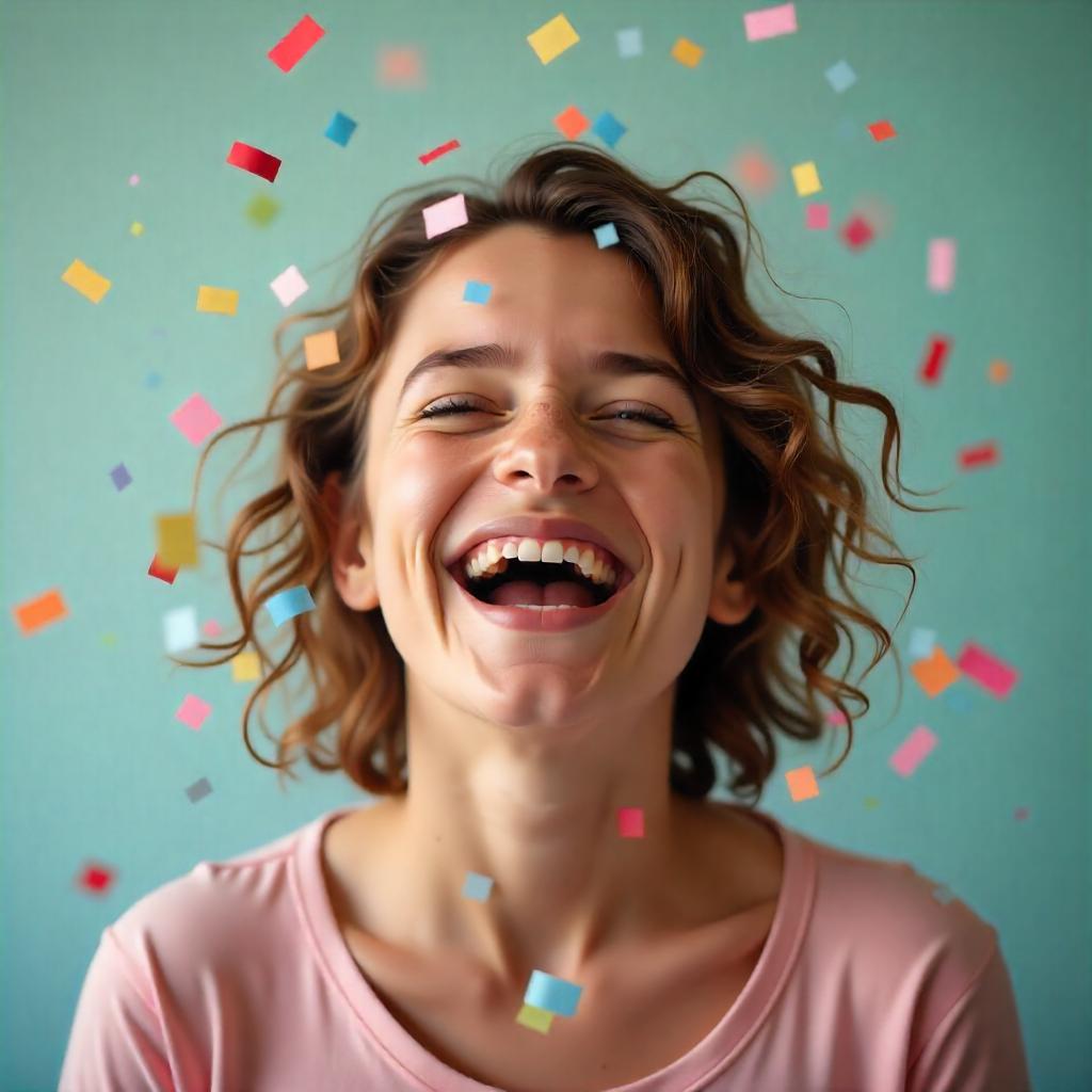 An image of a person mid-laugh, surrounded by colorful confetti