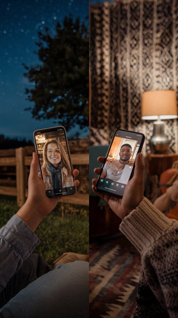 Two people holding their phones, smiling while video chatting.
